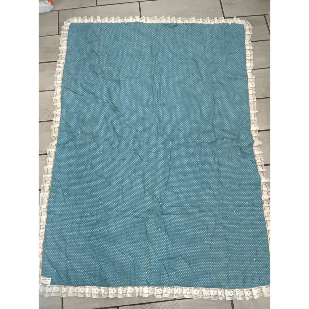 Handmade Vintage Teddy Bear Quilted Baby Blanket Lace Trim Teal Peach 46x58